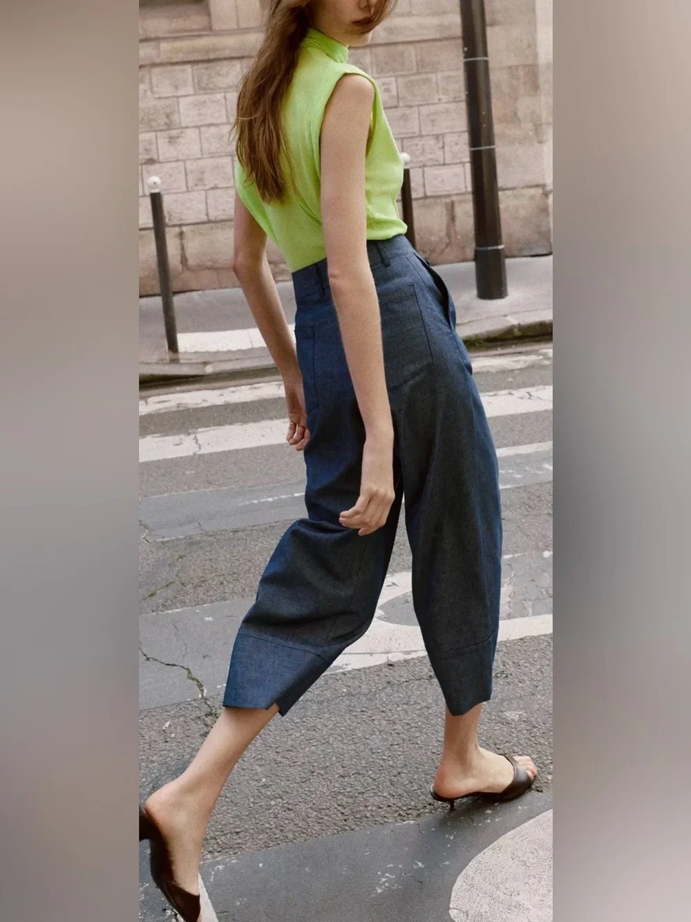 ZARA Linen Blend Wide Leg Denim Culotte Pants Indigo Blue XS NWT
